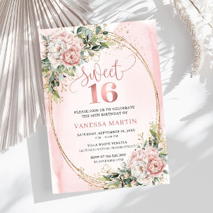 Timeless Dusty Pink Floral Greenery Sweet Sixteen Invitation