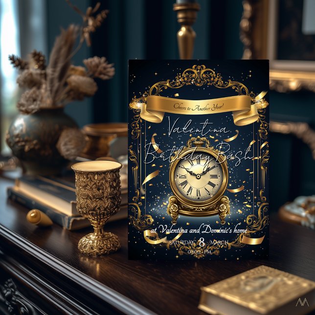 Timeless Elegance Birthday | Gold & Navy Clock Invitation (Creator Uploaded)