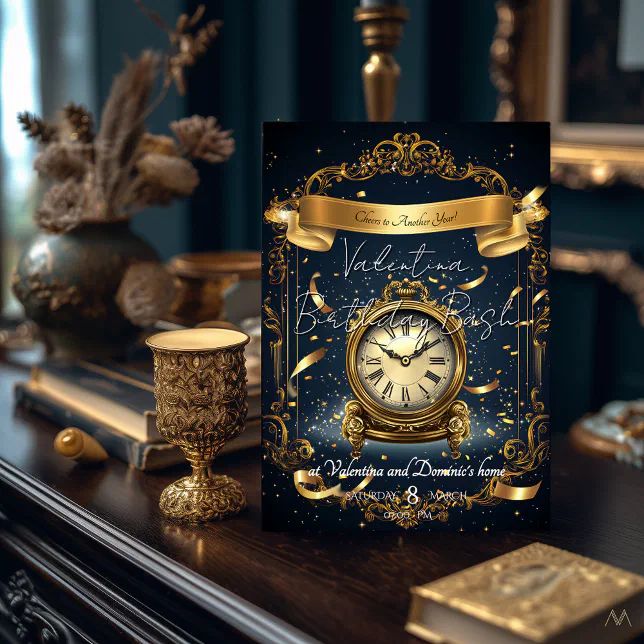 Timeless Elegance Birthday | Gold & Navy Clock Invitation | Zazzle