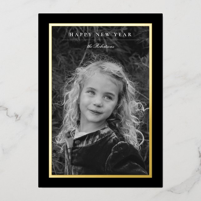Timeless Elegance Black & Gold New Year Photo Card (Front)