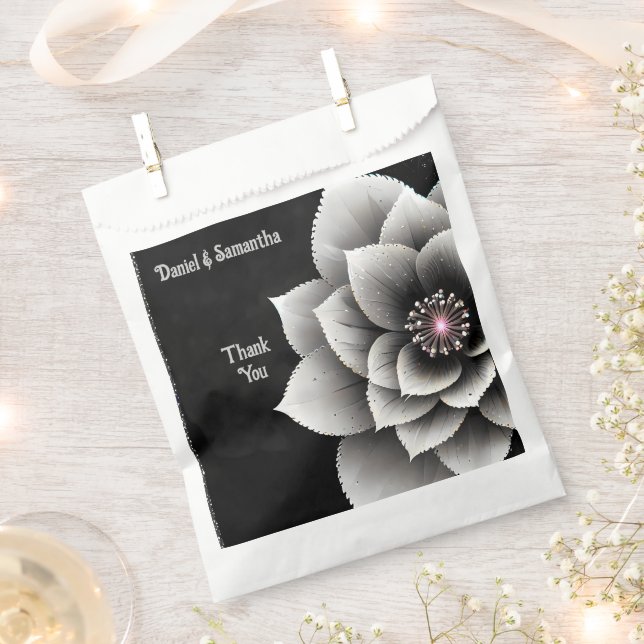 Timeless Elegance: Black & Silver Blossom Wedding  Favor Bag (Clipped)