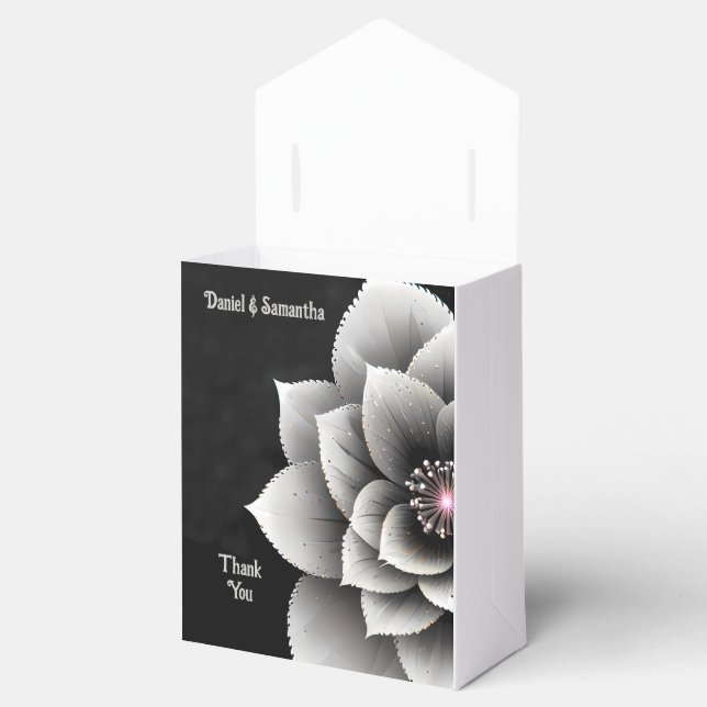 Timeless Elegance: Black & Silver Blossom Wedding  Favor Boxes (Opened)