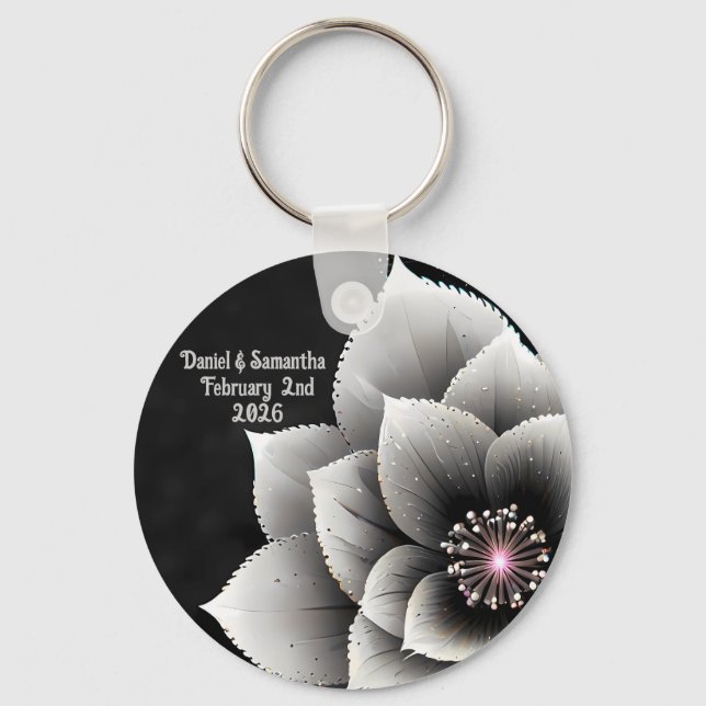 Timeless Elegance: Black & Silver Blossom Wedding  Keychain (Front)