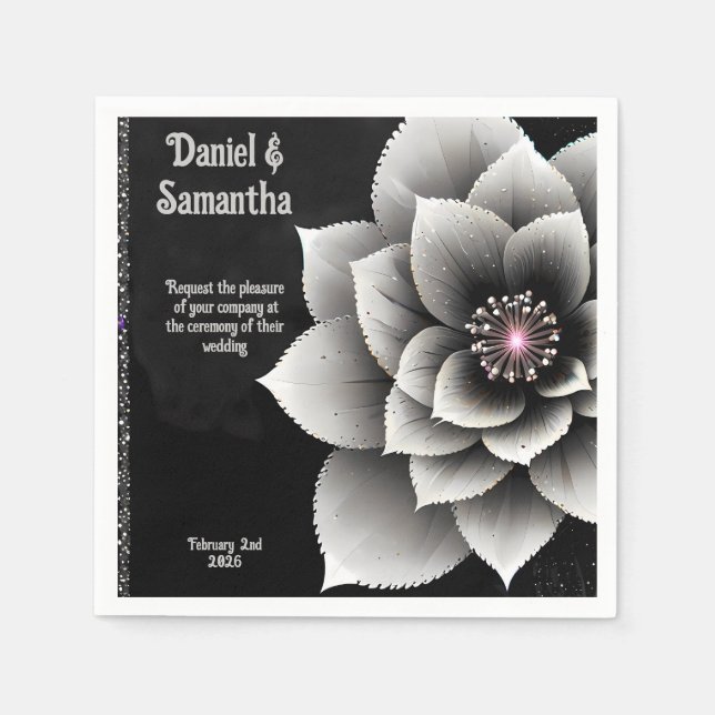 Timeless Elegance: Black & Silver Blossom Wedding  Napkins (Front)