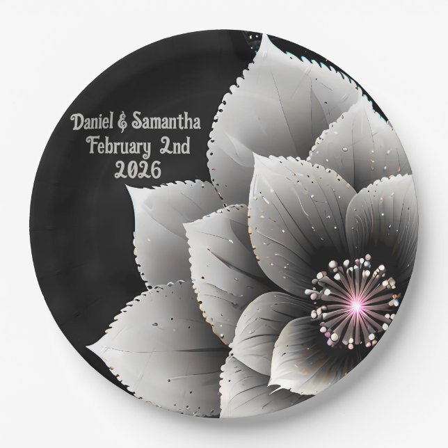 Timeless Elegance: Black & Silver Blossom Wedding  Paper Plates (Front)
