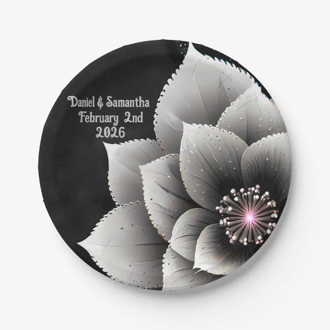 Timeless Elegance: Black & Silver Blossom Wedding  Paper Plates (Front)