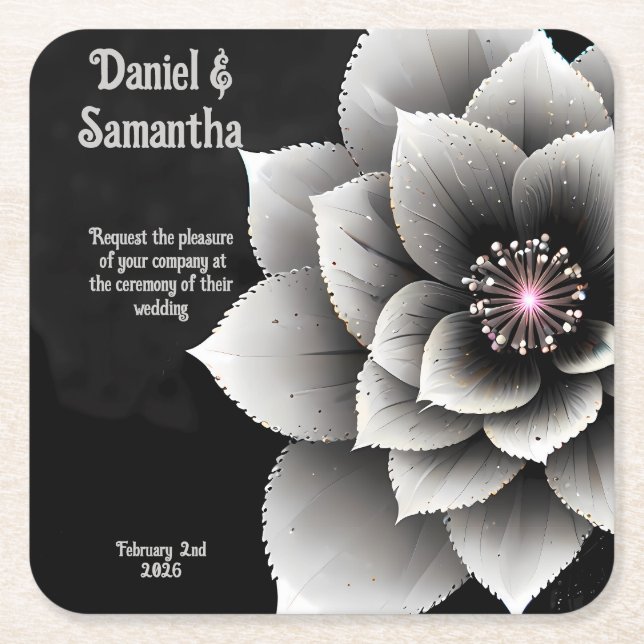 Timeless Elegance: Black & Silver Blossom Wedding  Square Paper Coaster (Front)