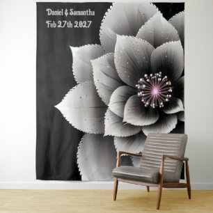 Timeless Elegance: Black & Silver Blossom Wedding Tapestry