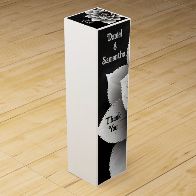 Timeless Elegance: Black & Silver Blossom Wedding  Wine Box (Front)