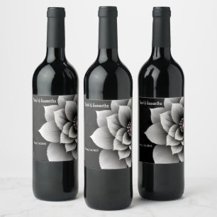 Timeless Elegance: Black & Silver Blossom Wedding Wine Label