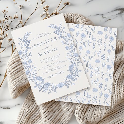 Timeless Elegance Blue Floral Wreath Boho Wedding Invitation