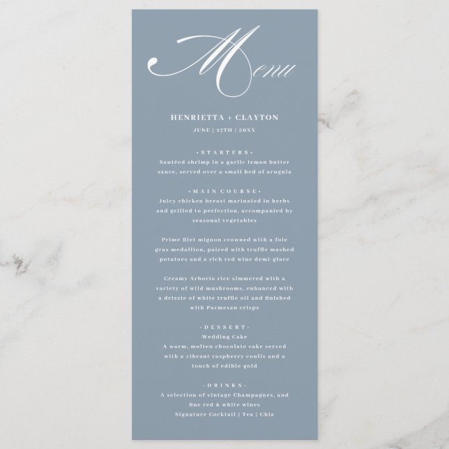 Timeless Elegance Dusty Blue Wedding Menu (Front)
