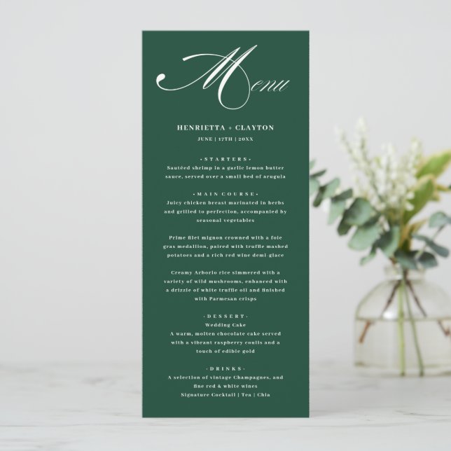 Timeless Elegance Emerald Green Wedding Menu (Standing Front)