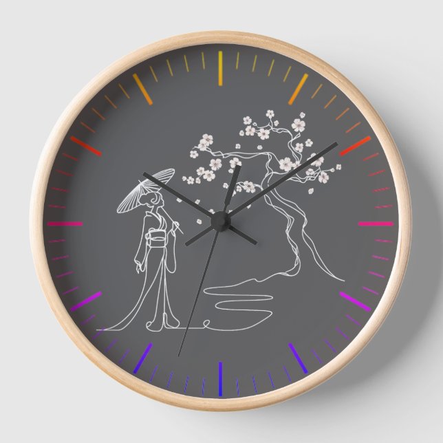 Timeless Elegance: Kimono Woman & Sakura Wall Cloc Clock (Front)