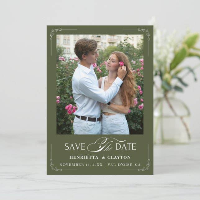 Timeless Elegance Olive Green Save The Date (Standing Front)