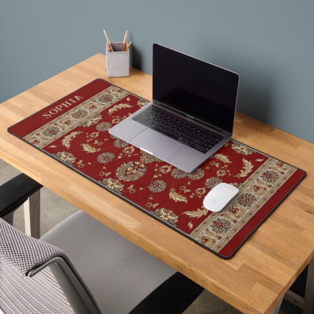 Timeless Elegance Red Beige Classic Fabric Name Desk Mat (Office 2)