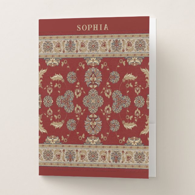 Timeless Elegance Red Beige Classic Fabric Name Pocket Folder (Front)