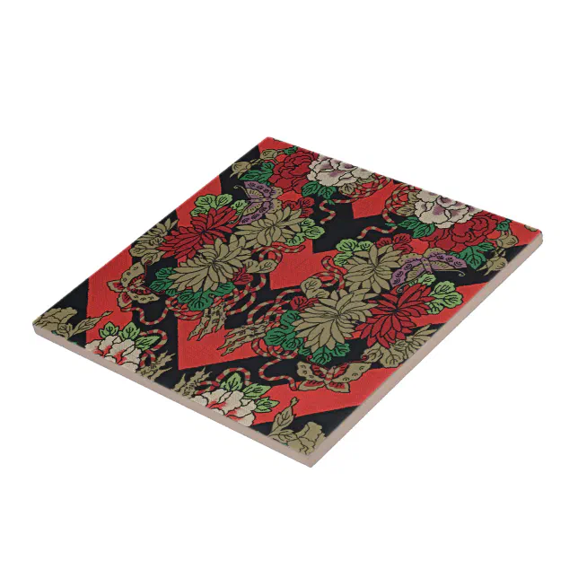 Timeless Elegance: Red Japanese Vintage Floral Ceramic Tile | Zazzle