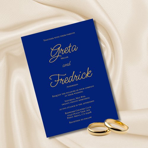 Timeless Elegance Royal Blue Gold Script Wedding Invitation