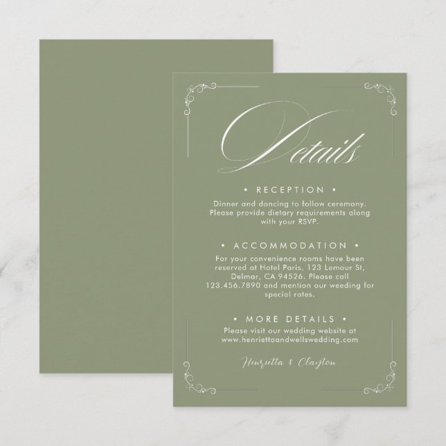 Timeless Elegance Sage Green wedding Details Card (Front/Back)