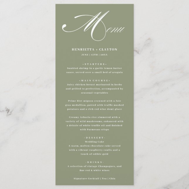 Timeless Elegance Sage Green Wedding Menu (Front)