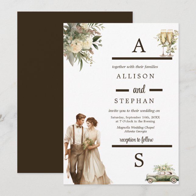Timeless Elegance | Vintage Floral Rustic Wedding Invitation (Front/Back)