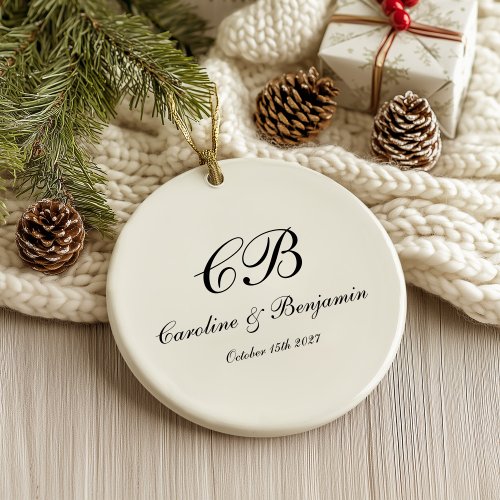 Timeless Elegant Black and White Script Monogram Ceramic Ornament