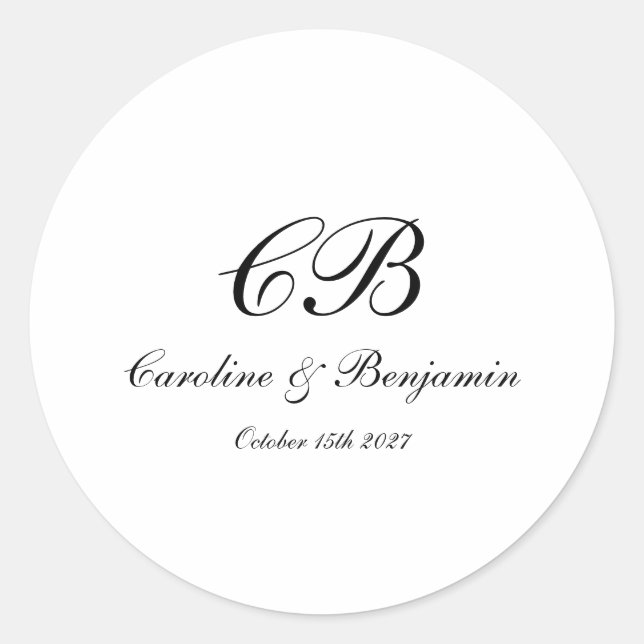 Timeless Elegant Black and White Script Monogram Classic Round Sticker (Front)