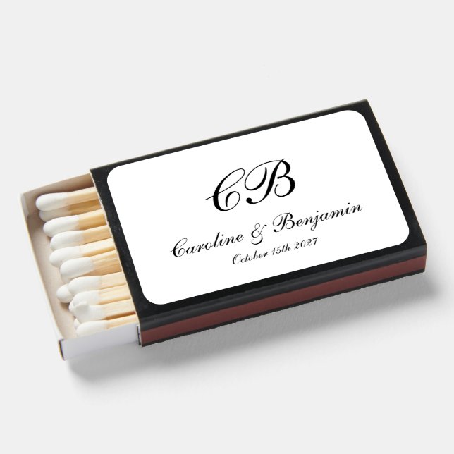 Timeless Elegant Black and White Script Monogram Matchboxes (Front Open)