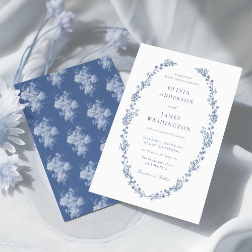 Timeless Elegant Dusty Blue Floral Wreath Wedding Invitation