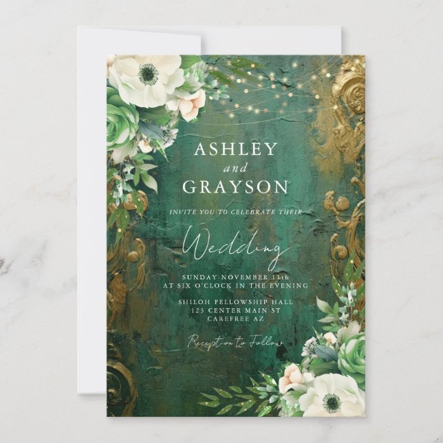 Timeless Emerald and Gold Botanical Wedding Invitation (Front)