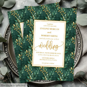 Timeless Emerald Green Gold Leaves Wedding Invite