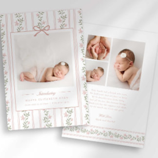 Timeless Floral Bow Photo Birth Announcement