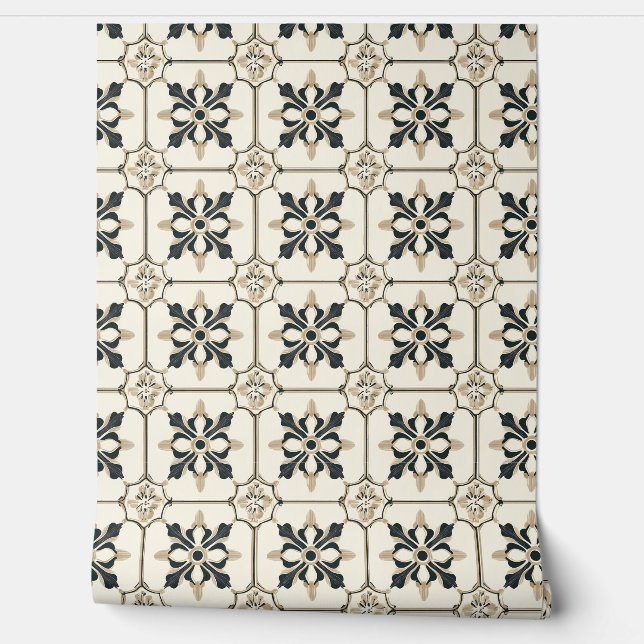 Timeless Floral Charm Petite - Black and Gold  Wallpaper (Unrolling)