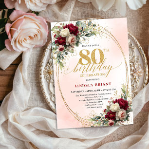 Timeless Floral Gold 80th Birthday Celebration  Invitation