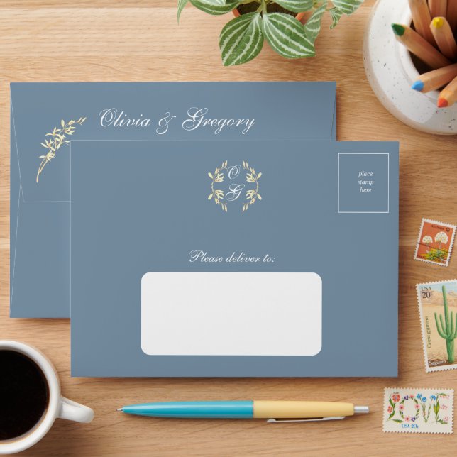 Timeless Floral Symphony in Blue Wedding  Envelope (Desk)