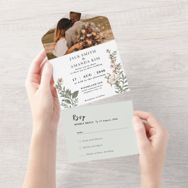 Timeless Flower wedding invitation RSVP all in one (Tearaway)