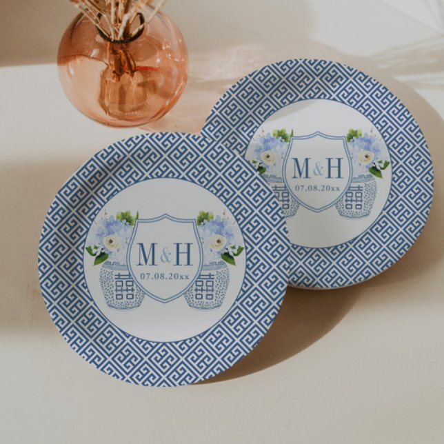 Timeless Ginger Jar Monogram Wedding Shower Party Paper Plates (Couples Shower or wedding paper plates. Blue and white ginger jar monogram with watercolor flowers)