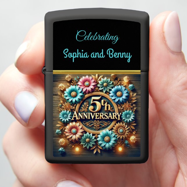 Timeless Glow: 5th Anniversary Floral Art Zippo Lighter (In Hand)