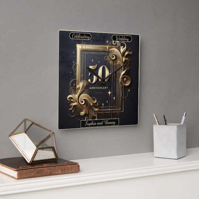 Timeless Gold: 50-Year Commemoration Square Wall Clock (Office)