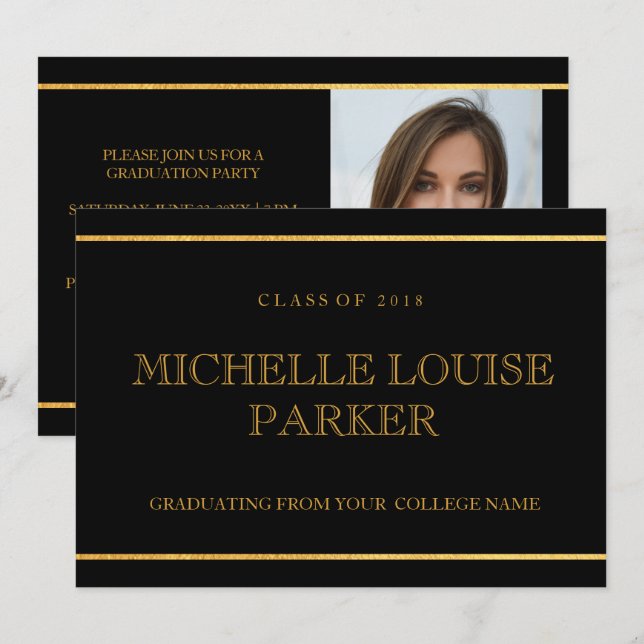 Timeless Gold Black  Photo Graduation Invitation (Front/Back)