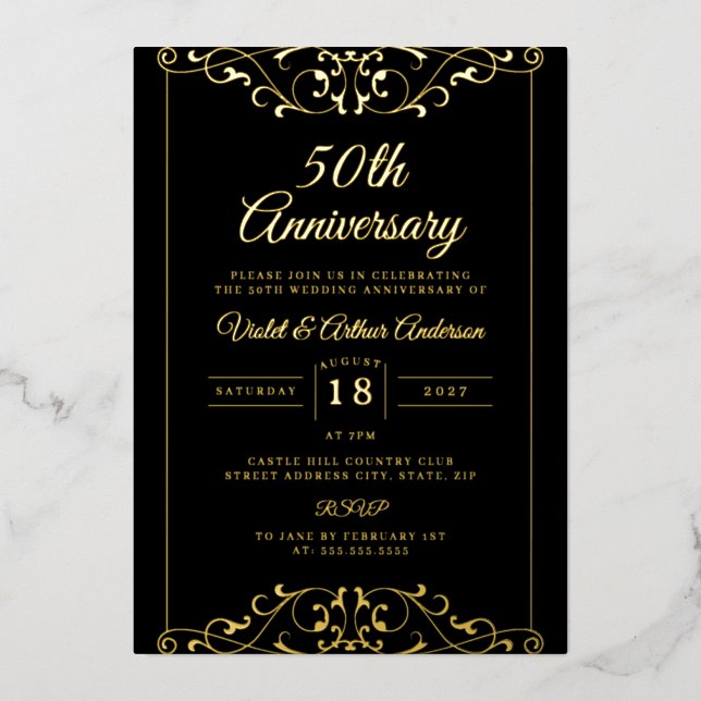 Timeless Gold Black Swirl 50th Wedding Anniversary Foil Invitation (Front)