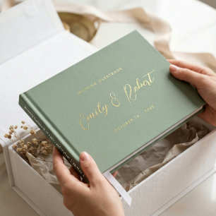 Timeless Gold Calligraphy Sage Green Wedding Photo Foil Guest Book