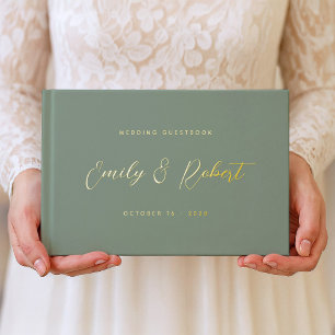 Timeless Gold Calligraphy Sage Green Wedding Photo Foil Guest Book
