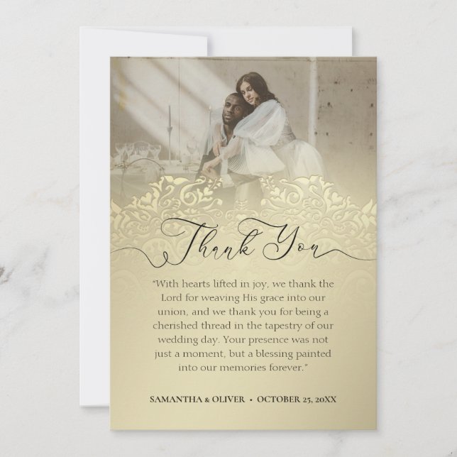 Timeless `Gold Damask Thank You Note Card (Front)