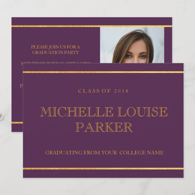 Timeless Gold Purple Photo  Graduation Invitation (Front/Back)