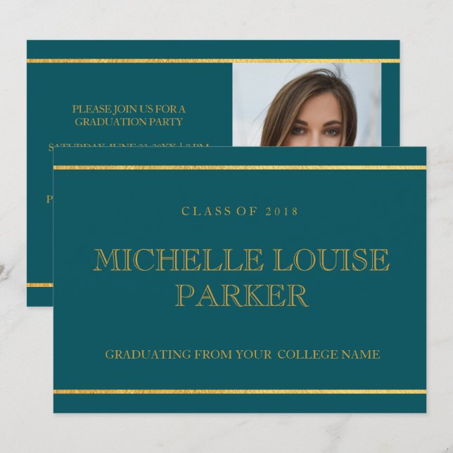 Timeless Gold Teal Photo  Graduation Invitation (Front/Back)