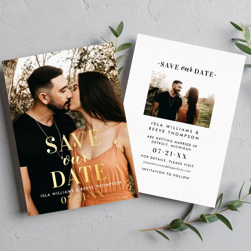 Timeless Gold Type Wedding Photo Save Our Date Foil Invitation