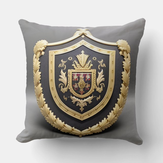 Timeless Golden Ornamental Crest with Shield Throw Pillow (Front)