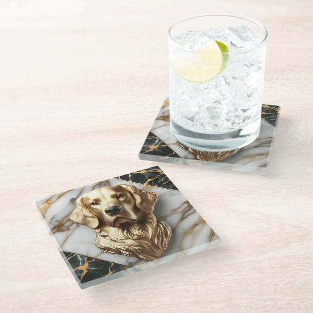 Timeless Golden Retriever Marble Elegance Glass Coaster (Angled)